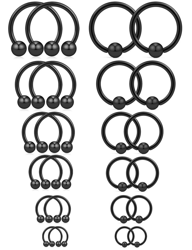 Ruifan 12PRS(24PCS) 16G Surgical Steel Horseshoe & Captive Bead Nose Hoop Septum Earring Eyebrow Tongue Lip Nipple Helix Tragus Piercing Jewelry Rings 6-16mm Black - Image 1